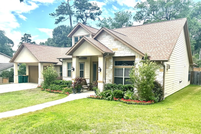 112 Timberside Dr, Conroe, TX 77304 - craftsman-style house featuring stone siding, roof with shingles, a garage, and concrete driveway