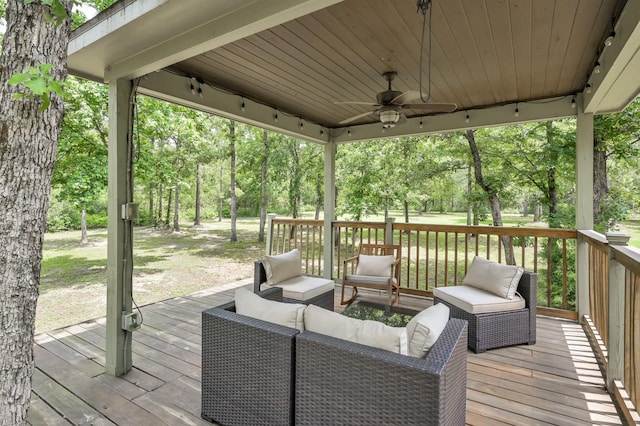 9948 Roda Dr, Conroe, TX 77303 - wooden deck with an outdoor living space and ceiling fan