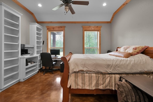 9948 Roda Dr, Conroe, TX 77303 - bedroom with concrete floors, recessed lighting, ceiling fan, and ornamental molding