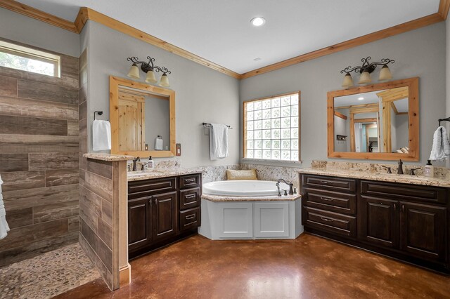 9948 Roda Dr, Conroe, TX 77303 - bathroom with finished concrete floors, ornamental molding, a wealth of natural light, and tiled shower