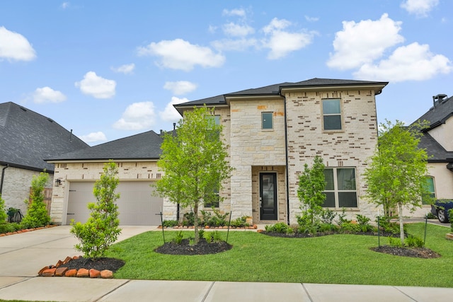 view of front of house featuring a garage, concrete driveway, a front yard, and stone siding