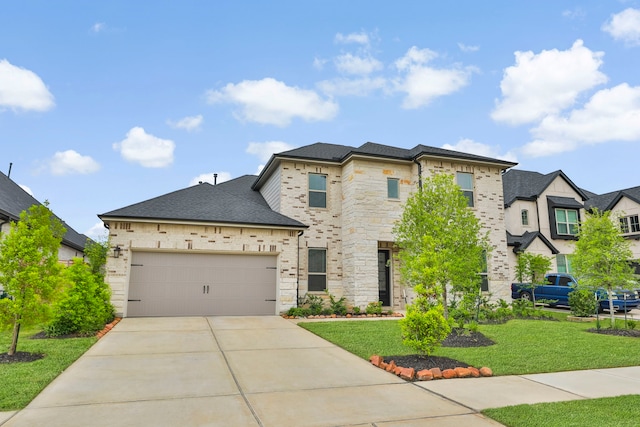 view of front of house featuring a shingled roof, an attached garage, a front lawn, stone siding, and driveway