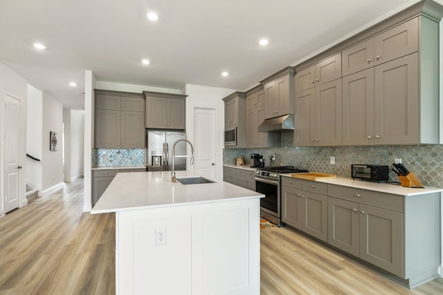 kitchen featuring appliances with stainless steel finishes, a sink, light wood-style floors, under cabinet range hood, and gray cabinetry