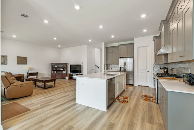 kitchen featuring appliances with stainless steel finishes, a sink, visible vents, open floor plan, and gray cabinetry