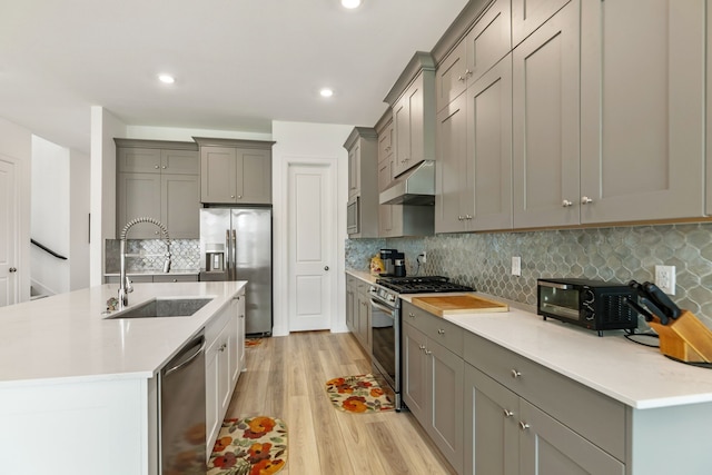 kitchen featuring appliances with stainless steel finishes, a sink, gray cabinetry, light wood finished floors, and under cabinet range hood