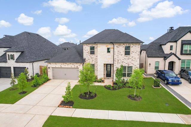 french country home with a garage, a front lawn, stone siding, a shingled roof, and concrete driveway