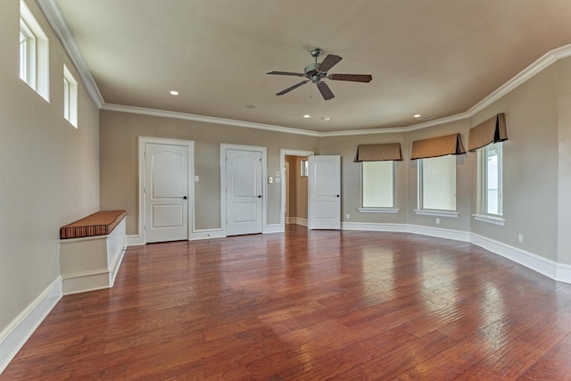 28822 Saddle Oak Dr, Montgomery, TX 77356 - unfurnished living room featuring a ceiling fan, baseboards, ornamental molding, and wood finished floors