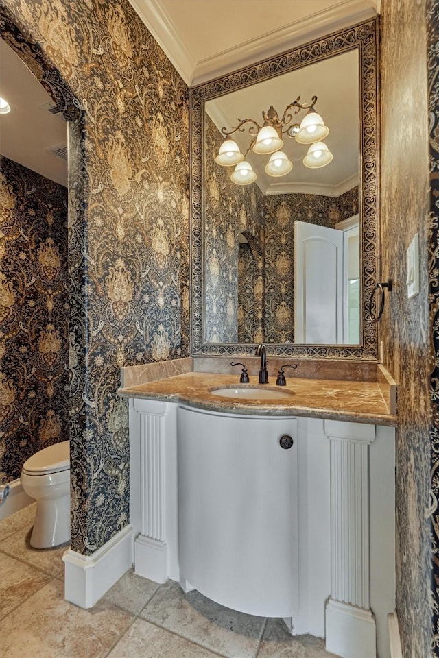 28822 Saddle Oak Dr, Montgomery, TX 77356 - bathroom featuring toilet, wallpapered walls, ornamental molding, and vanity