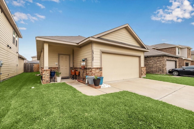 13127 Clifton Hill Ln, Houston, TX 77044 - ranch-style house with fence, an attached garage, a front lawn, brick siding, and concrete driveway