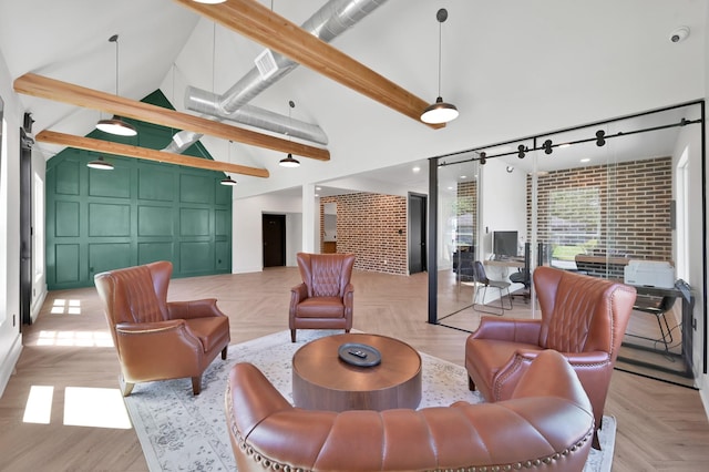 917 Houston St, Conroe, TX 77301 - living room with a barn door and high vaulted ceiling