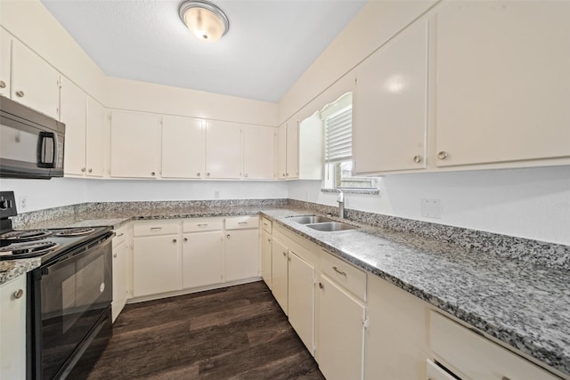 kitchen featuring a sink, light stone counters, white cabinets, black appliances, and dark wood-style floors