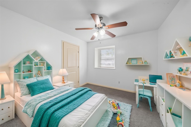 bedroom with baseboards, ceiling fan, and carpet