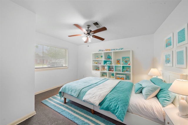 bedroom featuring carpet floors, baseboards, visible vents, and ceiling fan