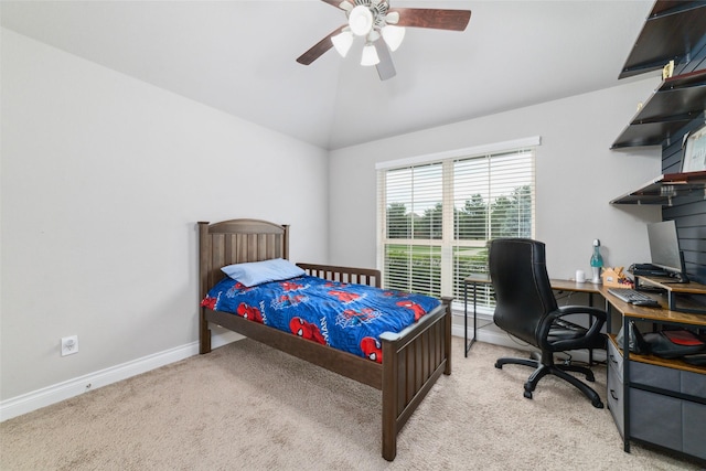 11143 Dunstan Hill Dr, Richmond, TX 77407 - bedroom with light carpet, baseboards, lofted ceiling, ceiling fan, and an office area