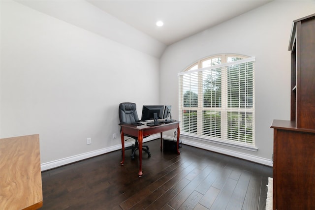 11143 Dunstan Hill Dr, Richmond, TX 77407 - office space featuring vaulted ceiling, wood finished floors, baseboards, and recessed lighting