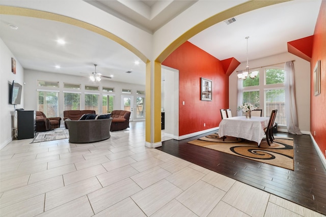 11143 Dunstan Hill Dr, Richmond, TX 77407 - dining space with plenty of natural light, baseboards, a ceiling fan, a chandelier, and recessed lighting