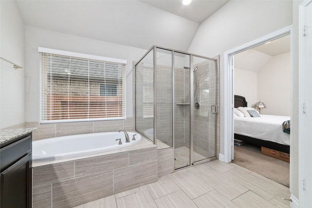 11143 Dunstan Hill Dr, Richmond, TX 77407 - full bathroom featuring a shower stall, a garden tub, ensuite bath, and lofted ceiling