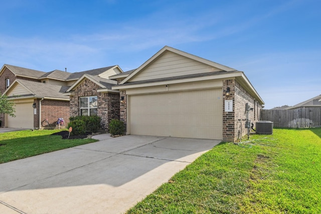 6011 Diantha St, Katy, TX 77449 - ranch-style home with brick siding, cooling unit, concrete driveway, and an attached garage