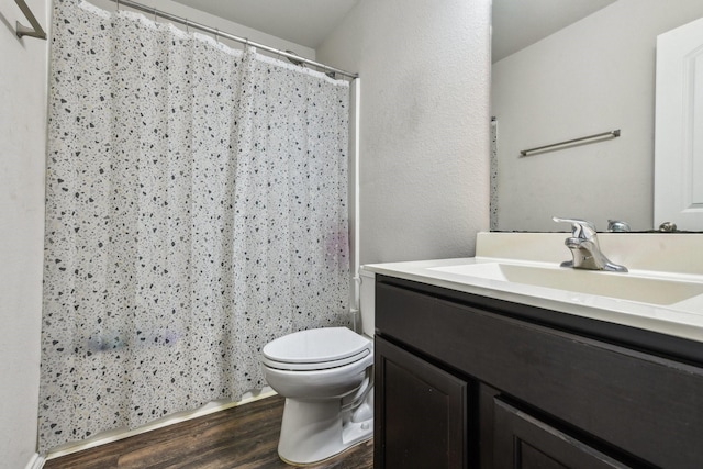 6011 Diantha St, Katy, TX 77449 - full bathroom featuring vanity, toilet, wood finished floors, and a shower with curtain