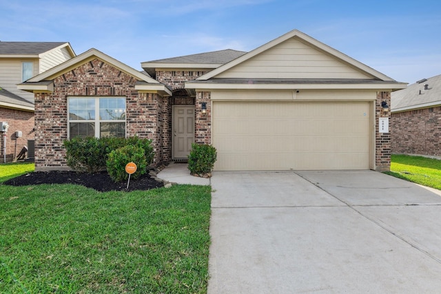 6011 Diantha St, Katy, TX 77449 - view of front of home featuring concrete driveway, brick siding, an attached garage, and a front yard