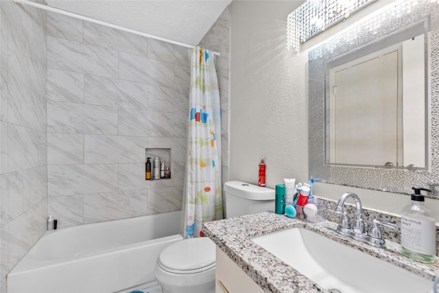 full bath with toilet, a textured wall, shower / bathtub combination with curtain, and vanity