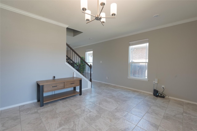 unfurnished room with stairs, baseboards, a chandelier, and ornamental molding