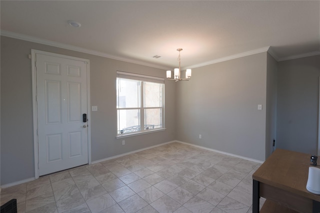 unfurnished dining area with baseboards, a notable chandelier, and ornamental molding