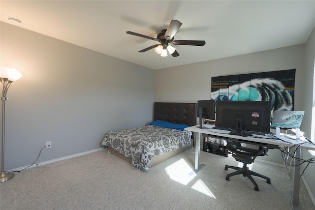 bedroom featuring carpet flooring, baseboards, and ceiling fan