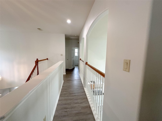 5310 Flagridge Ln, Houston, TX 77066 - hall featuring dark wood-style floors, recessed lighting, and attic access
