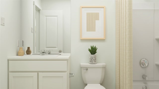 bathroom featuring vanity, shower / bathtub combination with curtain, and toilet