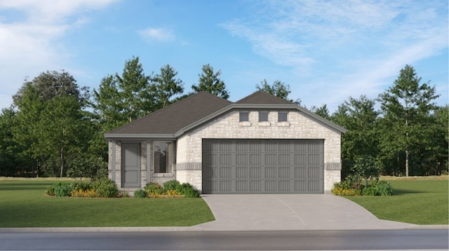 view of front of house with a garage, concrete driveway, a front lawn, and stone siding
