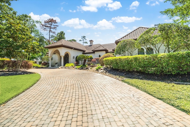 25 Kings Lake Estates Blvd, Humble, TX 77346 - mediterranean / spanish house with curved driveway, a tile roof, stucco siding, and a front yard