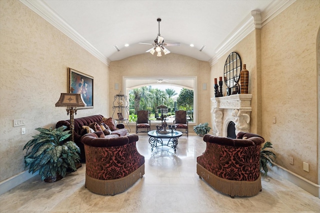 25 Kings Lake Estates Blvd, Humble, TX 77346 - living area with crown molding, ceiling fan, lofted ceiling, and a fireplace