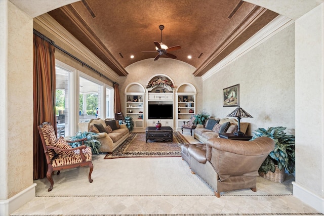 25 Kings Lake Estates Blvd, Humble, TX 77346 - living area featuring built in features, baseboards, ceiling fan, recessed lighting, and vaulted ceiling