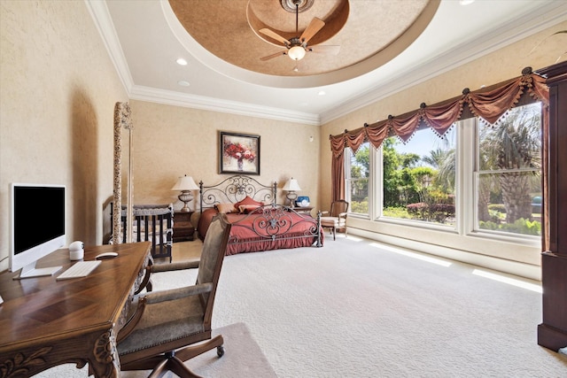 25 Kings Lake Estates Blvd, Humble, TX 77346 - carpeted bedroom with crown molding, a ceiling fan, a tray ceiling, and recessed lighting