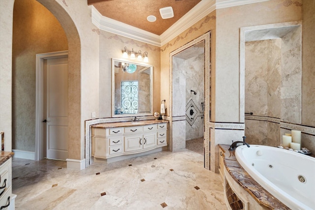 25 Kings Lake Estates Blvd, Humble, TX 77346 - bathroom with crown molding, vanity, a jetted tub, and a walk in shower