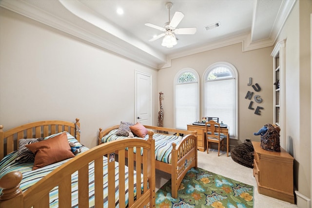 25 Kings Lake Estates Blvd, Humble, TX 77346 - bedroom featuring carpet flooring, ceiling fan, visible vents, and ornamental molding