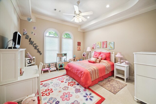25 Kings Lake Estates Blvd, Humble, TX 77346 - carpeted bedroom with crown molding, a ceiling fan, recessed lighting, and visible vents