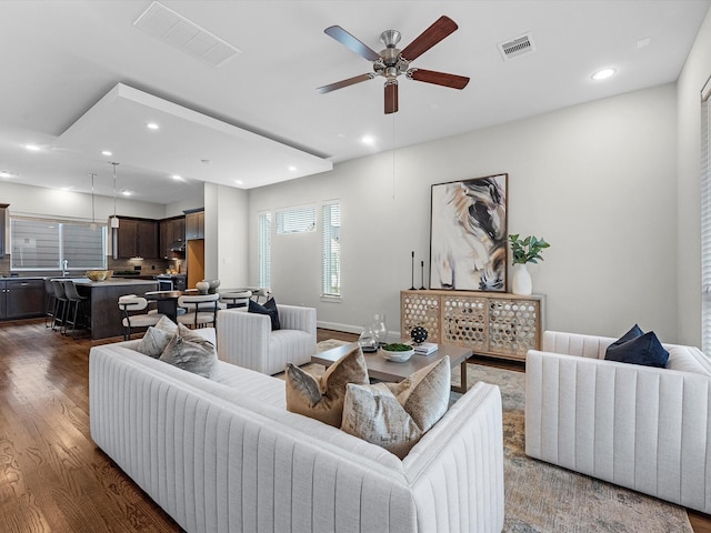 302 Eado Park Cir, Houston, TX 77020 - living area with recessed lighting, ceiling fan, dark wood finished floors, and visible vents