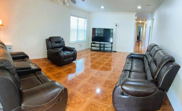 living area with recessed lighting, baseboards, light tile patterned floors, visible vents, and ornamental molding