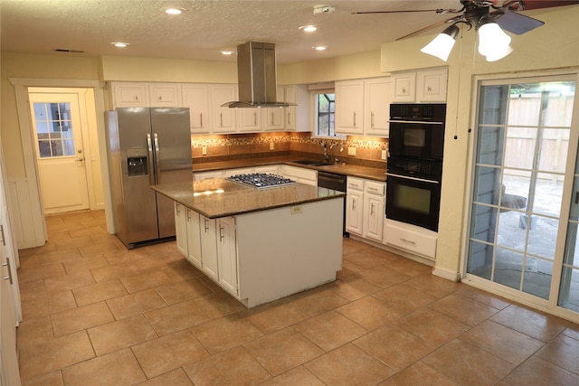 1035 Wirt Rd, Houston, TX 77055 - kitchen featuring a center island, white cabinetry, tasteful backsplash, island exhaust hood, and stainless steel appliances