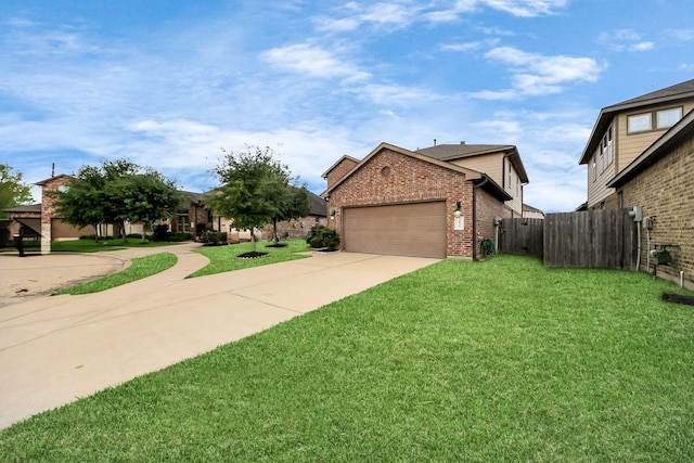 ranch-style home with brick siding, fence, driveway, and a front yard