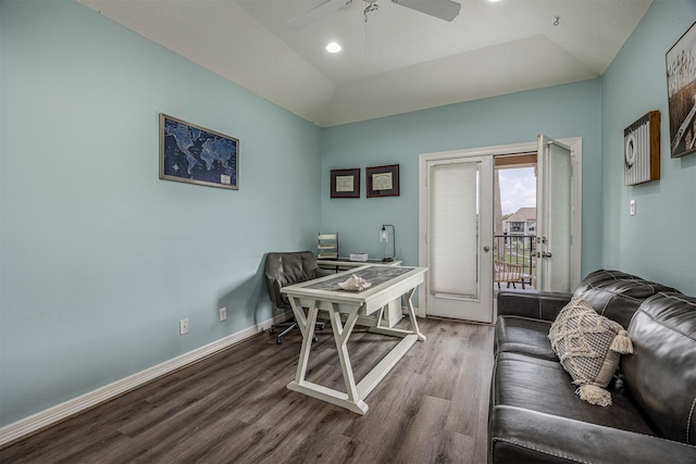 office featuring baseboards, recessed lighting, ceiling fan, and wood finished floors