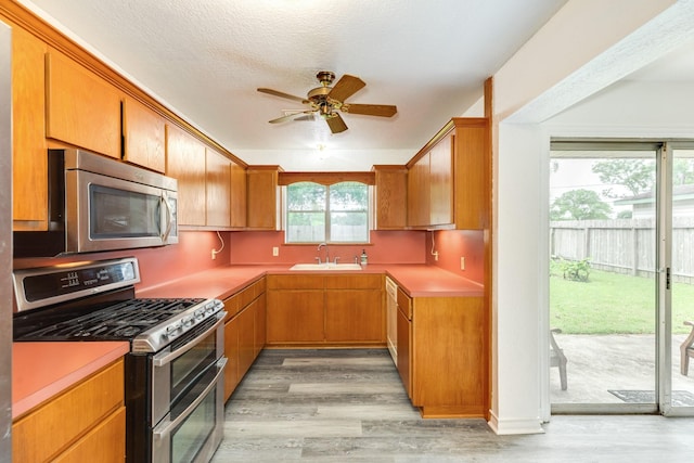 123 S Yaupon St, Lake Jackson, TX 77566 - kitchen with ceiling fan, appliances with stainless steel finishes, light wood-type flooring, a sink, and light countertops