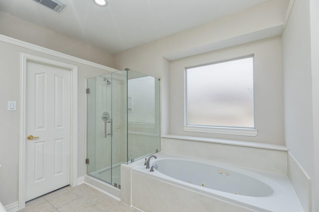 bathroom with a whirlpool tub, visible vents, tile patterned flooring, and a stall shower