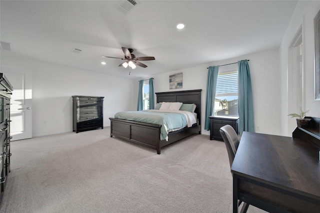 16322 Fontana Ct, Conroe, TX 77302 - bedroom with recessed lighting, light carpet, and a ceiling fan