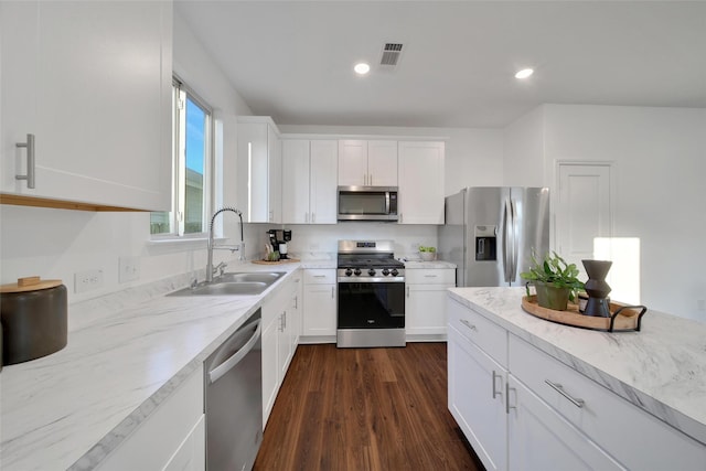 kitchen with light stone counters, a sink, dark wood-type flooring, white cabinets, and appliances with stainless steel finishes