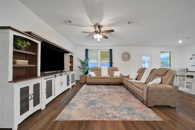 living area with dark wood finished floors, visible vents, a ceiling fan, and recessed lighting