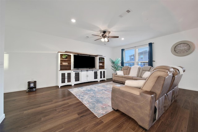 16322 Fontana Ct, Conroe, TX 77302 - living room featuring ceiling fan, dark wood-type flooring, baseboards, and recessed lighting