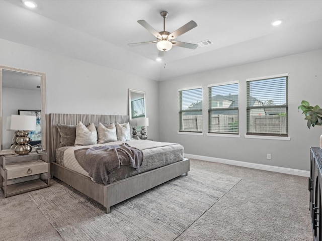 16926 Grayson Woods Ln, Humble, TX 77346 - carpeted bedroom with recessed lighting, baseboards, visible vents, and a ceiling fan